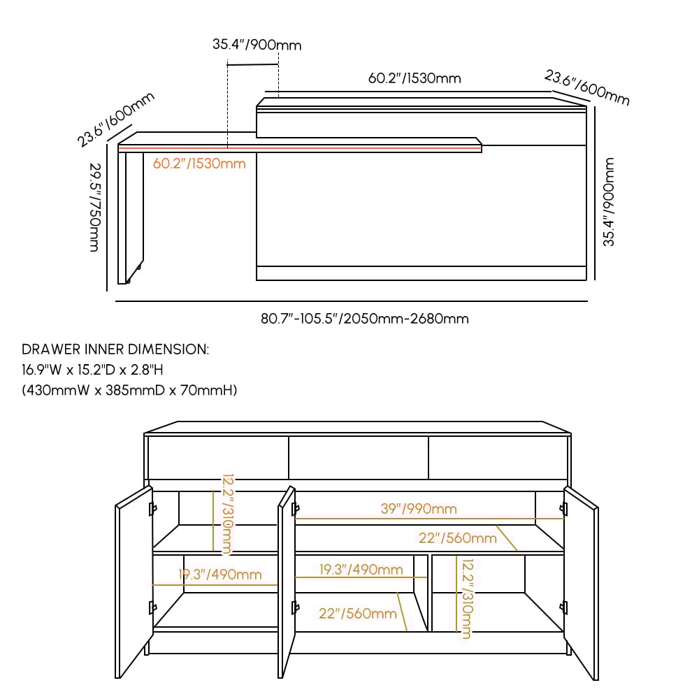 81''-106" Extendable Walnut Kitchen lsland with Doors&Drawers Marble Pattern Top weights dimensions image