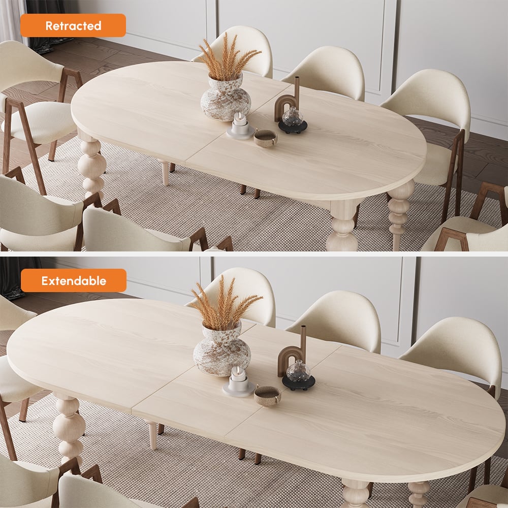 79"-94" Mid-Century Oval Extendable Dining Table Whitewash Seats 6-10 People window image