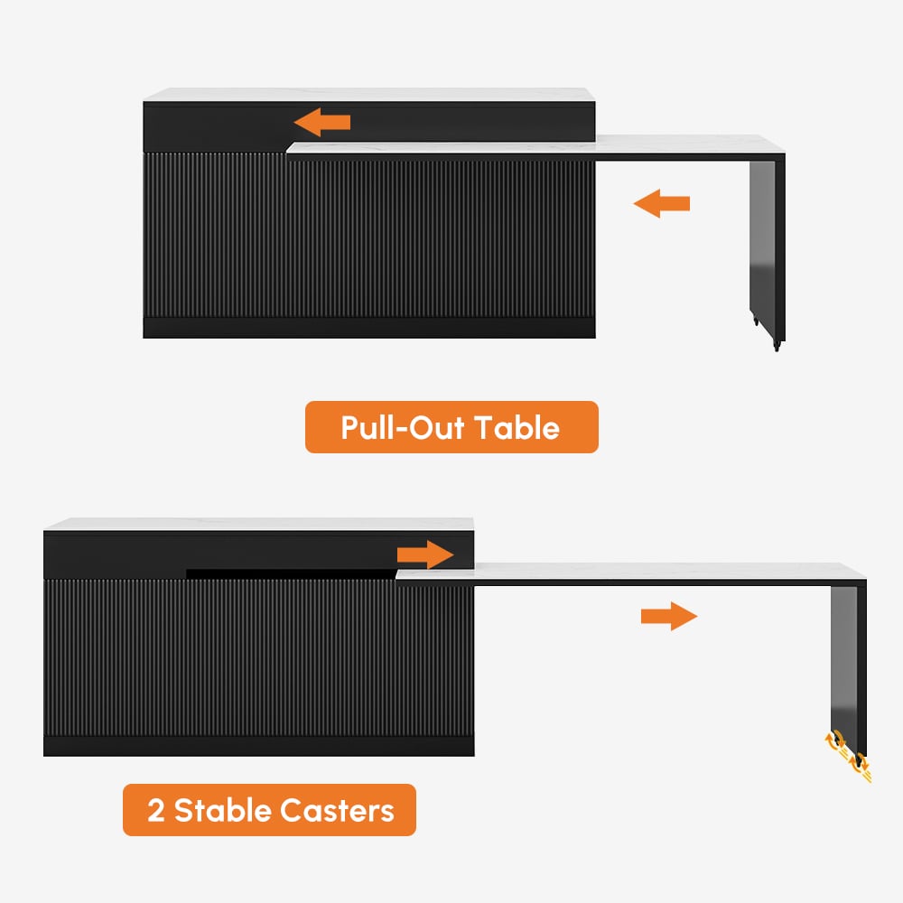 81''-106" Extendable Kitchen lsland with Doors&Drawers Black & White Sintered Stone Top window image