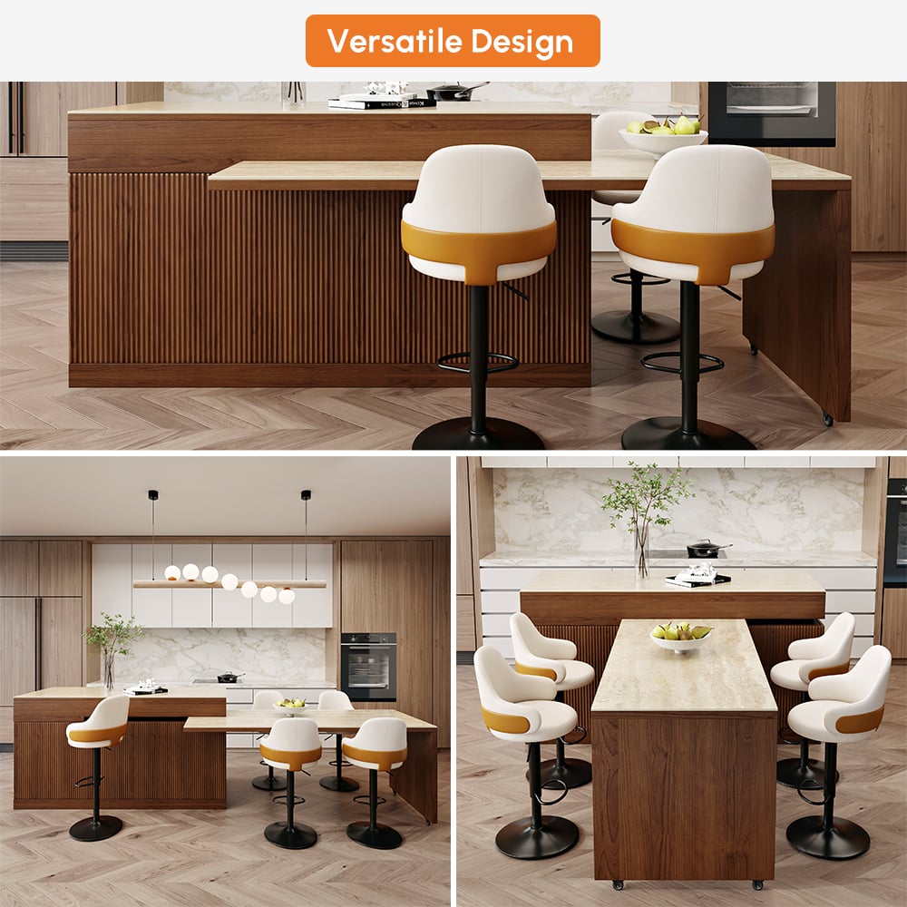 Îlot de cuisine extensible de 2050 mm à 2680 mm avec portes et tiroirs, dessus en pierre frittée en noyer image de fenêtre