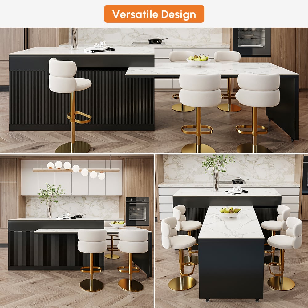 81''-106" Extendable Kitchen lsland with Doors&Drawers Black & White Sintered Stone Top window image