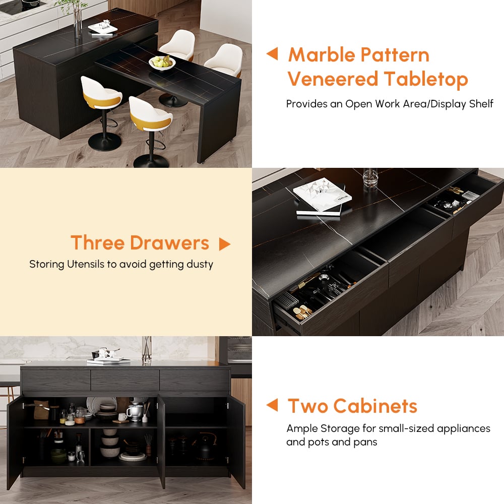 81''-106" Extendable Kitchen lsland with Doors&Drawers Black Sintered Stone Top window image