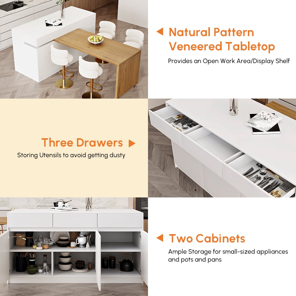 81''-106" Extendable Natural&White Kitchen lsland with Doors&Drawers Marble Pattern Top window image