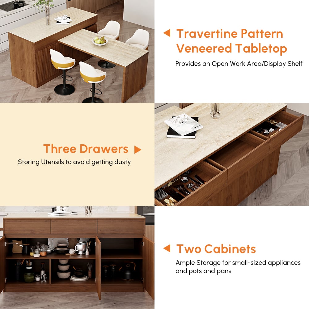 Îlot de cuisine extensible de 2050 mm à 2680 mm avec portes et tiroirs, dessus en pierre frittée en noyer image de fenêtre