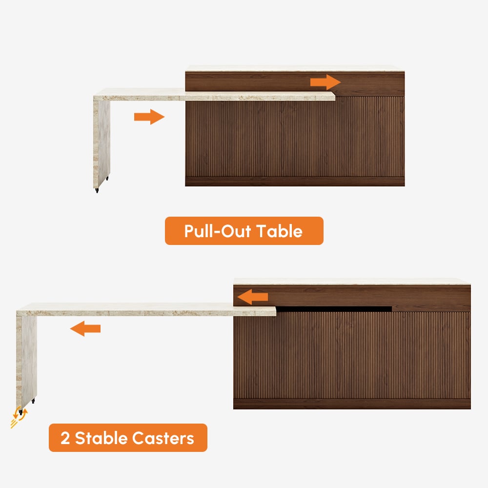 81''-106" Extendable Walnut Kitchen lsland with Doors&Drawers Marble Pattern Top window image