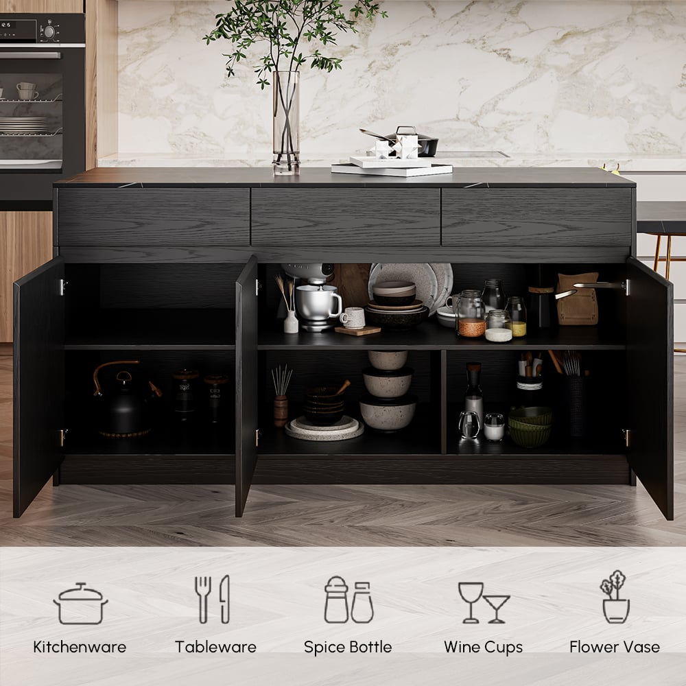 81''-106" Extendable Kitchen lsland with Doors&Drawers Black & White Sintered Stone Top window image