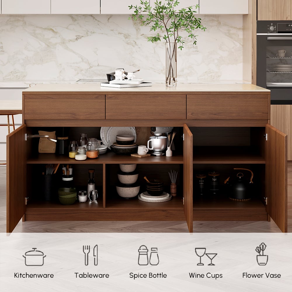 Îlot de cuisine extensible de 2050 mm à 2680 mm avec portes et tiroirs, dessus en pierre frittée en noyer image de fenêtre