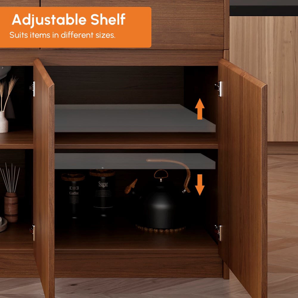 Îlot de cuisine extensible de 2050 mm à 2680 mm avec portes et tiroirs, dessus en pierre frittée en noyer image de fenêtre