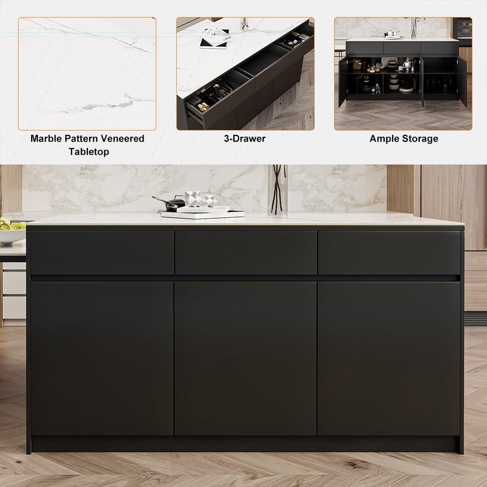 81''-106" Extendable Kitchen lsland with Doors&Drawers Black & White Sintered Stone Top window image