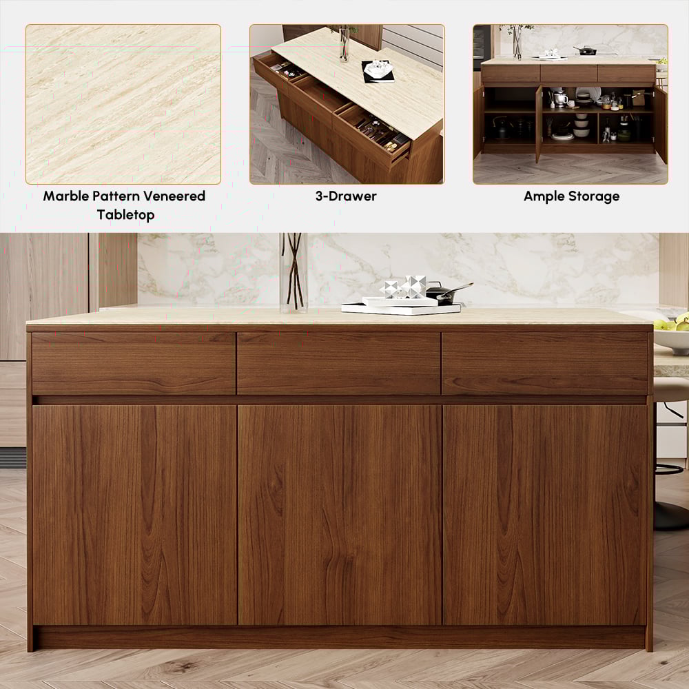 81''-106" Extendable Walnut Kitchen lsland with Doors&Drawers Marble Pattern Top window image