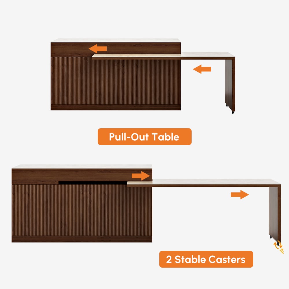 Îlot de cuisine extensible de 2050 mm à 2680 mm avec portes et tiroirs, dessus en pierre frittée en noyer image de fenêtre