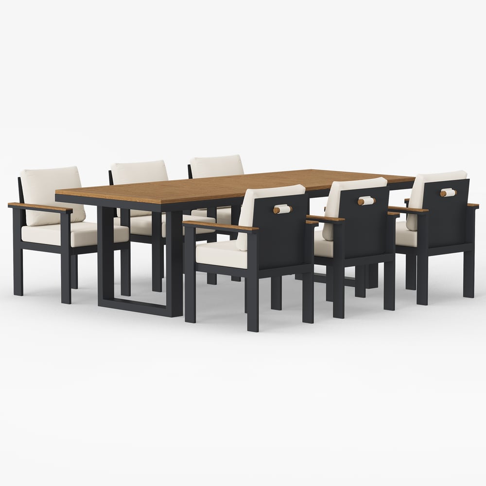 6 - Person Rectangle Wood & Aluminum Outdoor Patio Dining Table Outdoor 6 Dining Chairs window image