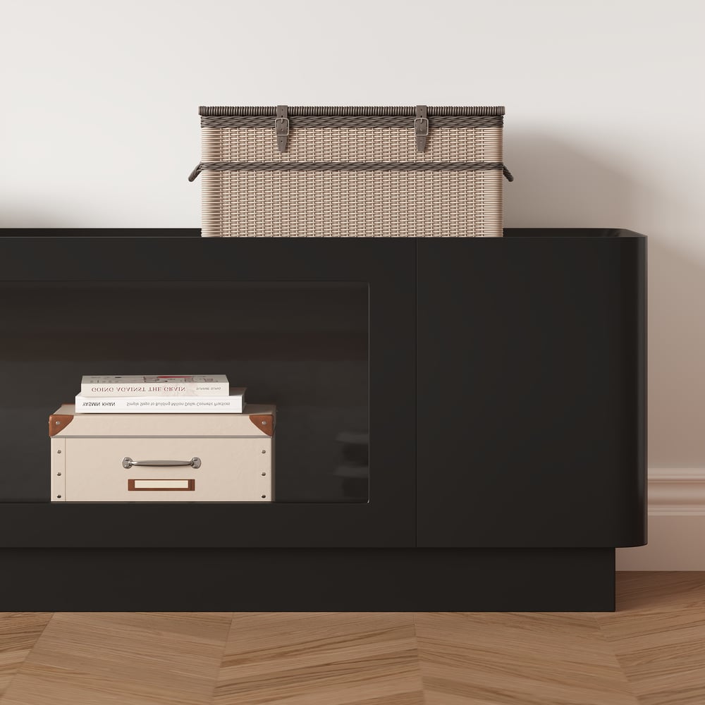 79" Black Glass Door TV Stand with Storage and LED window image