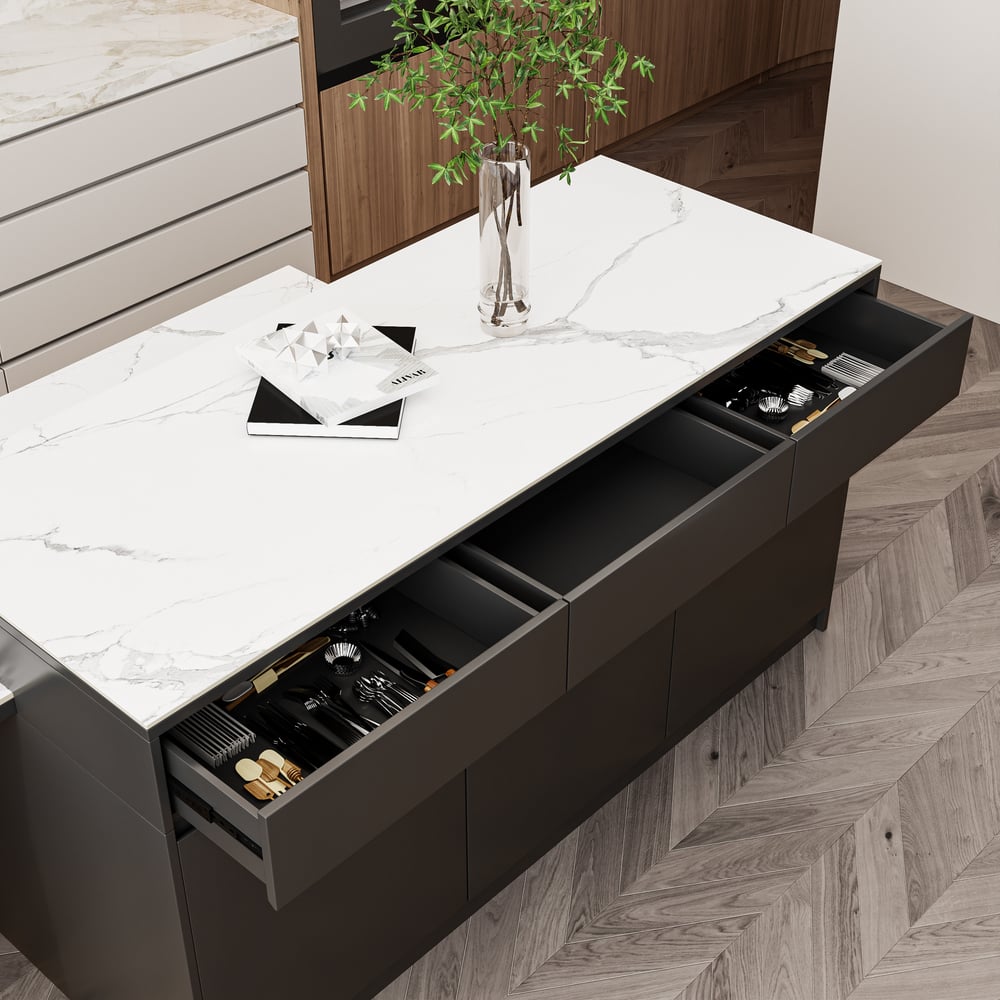 81''-106" Extendable Kitchen lsland with Doors&Drawers Black & White Sintered Stone Top window image