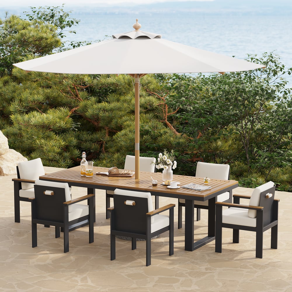 8 Pieces Rectangle Wood & Aluminum Outdoor Patio Dining Set with Central Pillar Umbrella window image