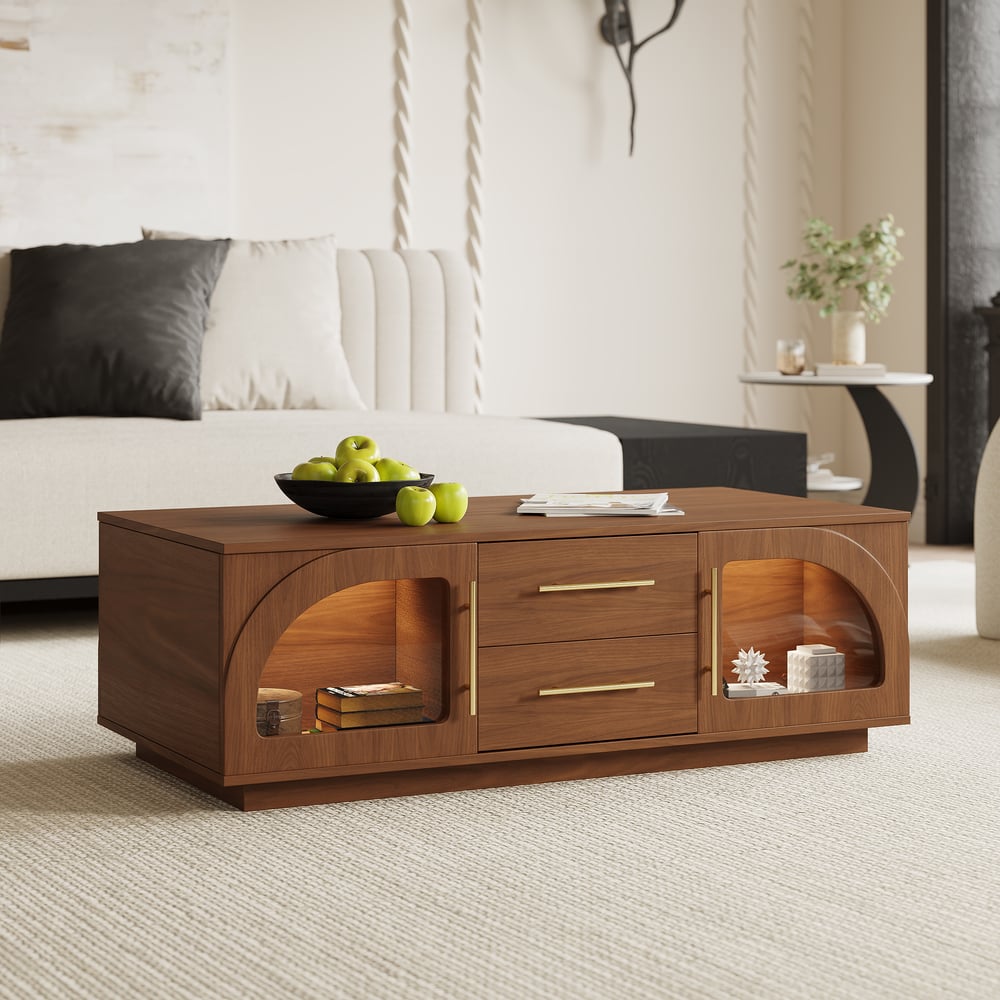 Konferenční stolek Arune 1200 mm s klenutými skleněnými dveřmi s úložným prostorem a LED obrázek okna