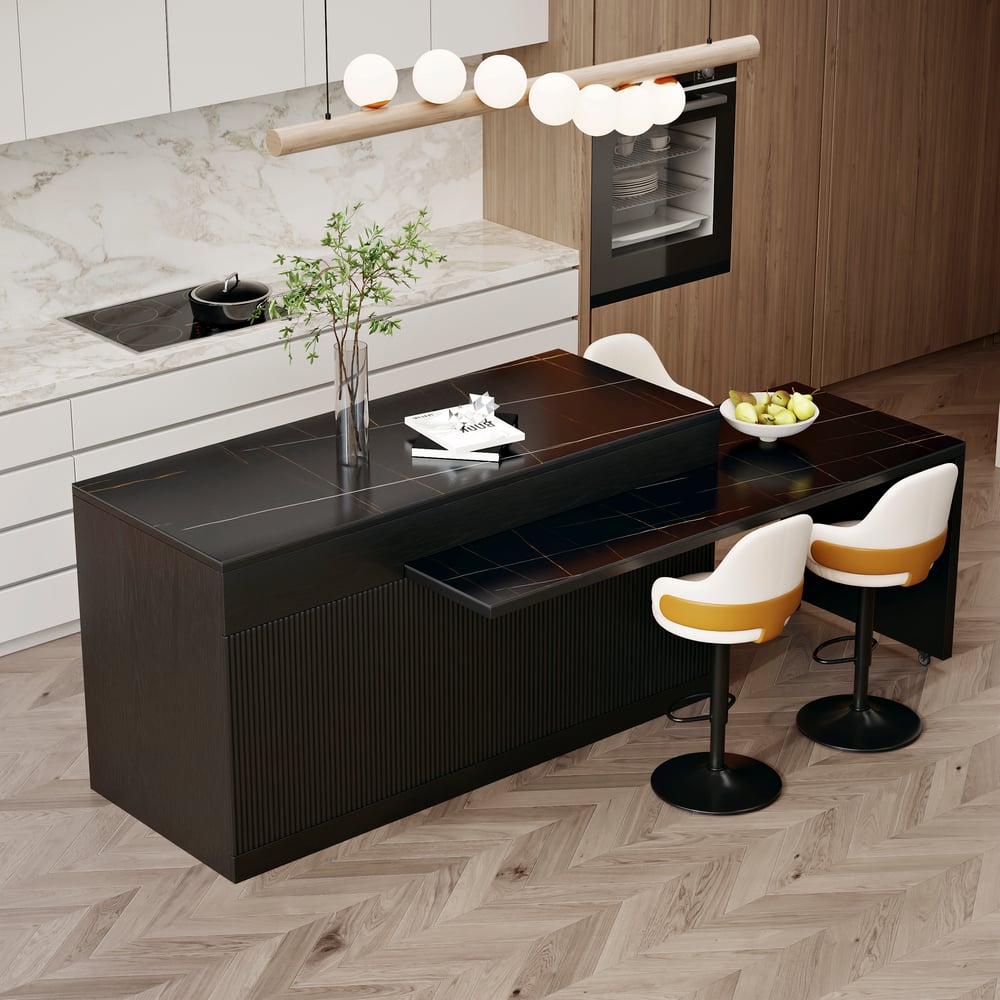 81''-106" Extendable Kitchen lsland with Doors&Drawers Black Sintered Stone Top window image