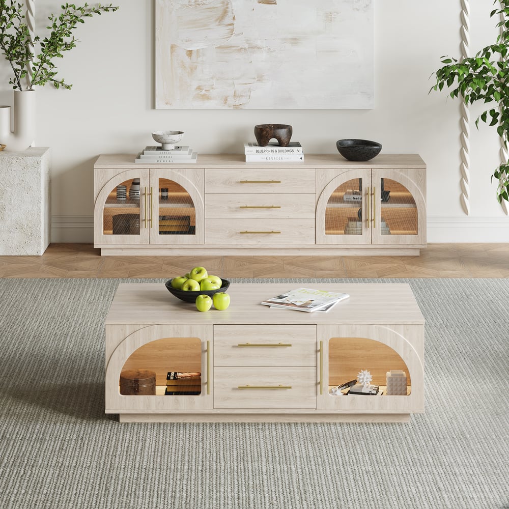 Arune 1200 mm salontafel met gebogen glazen deuren, opbergruimte en LED Vensterafbeelding