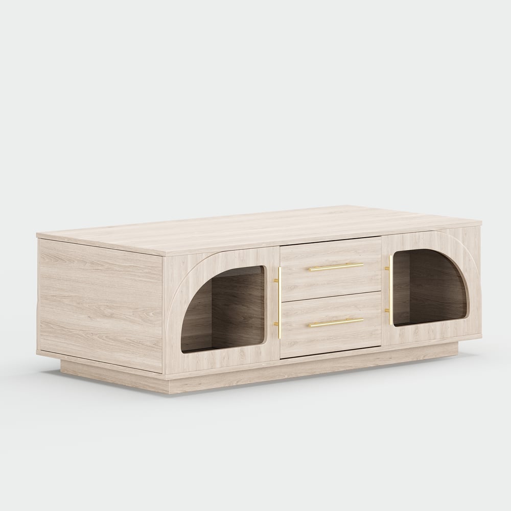 Arune 1200 mm salontafel met gebogen glazen deuren, opbergruimte en LED Vensterafbeelding