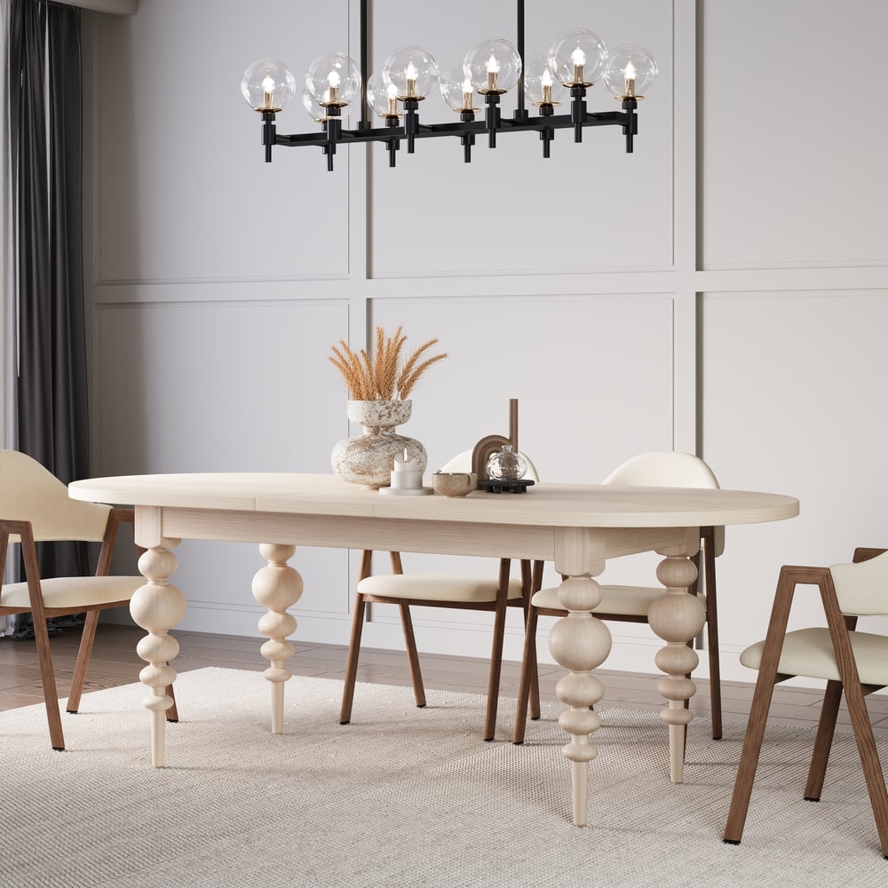 67"-79" Mid-Century Oval Extendable Dining Table Whitewash Seats 4-8 People window image