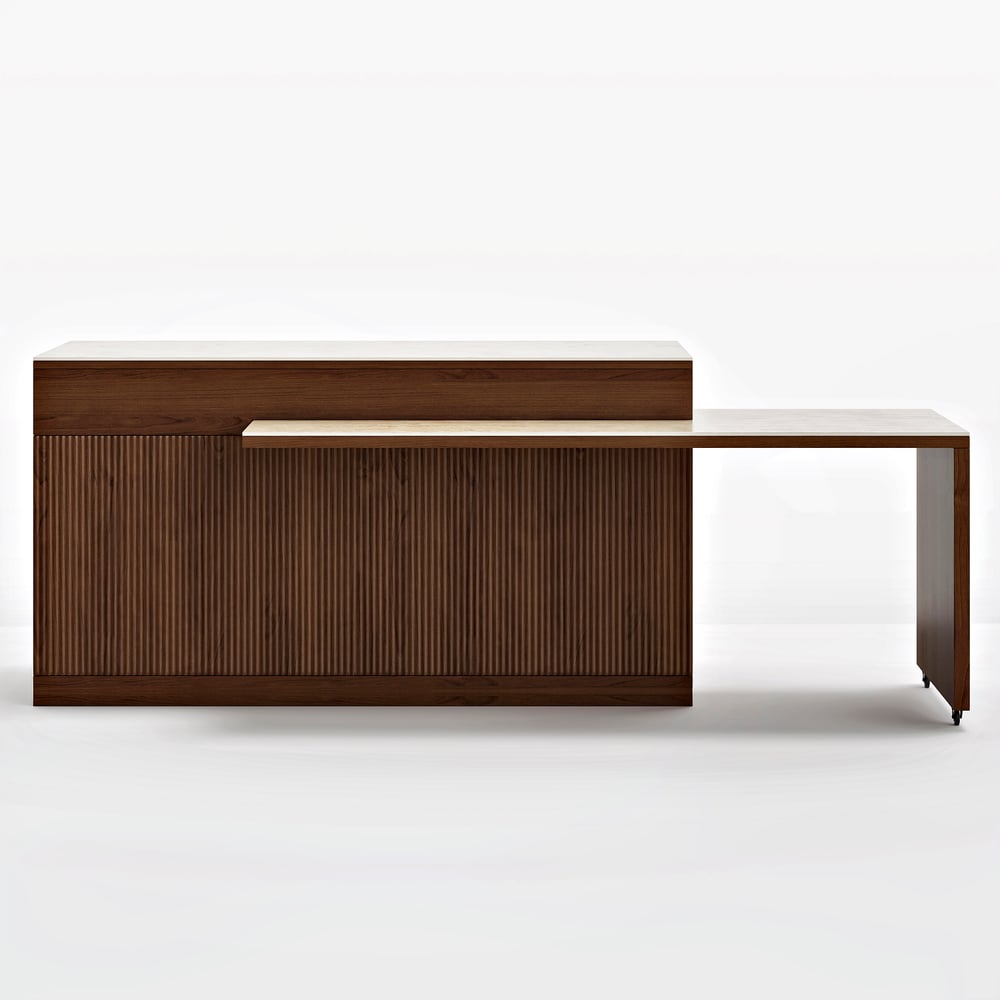 Îlot de cuisine extensible de 2050 mm à 2680 mm avec portes et tiroirs, dessus en pierre frittée en noyer image de fenêtre