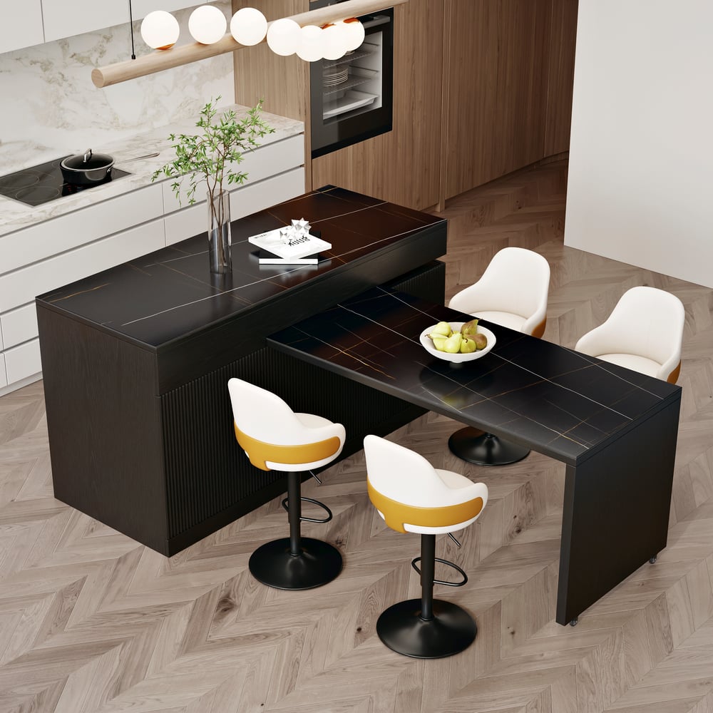 81''-106" Extendable Kitchen lsland with Doors&Drawers Black Sintered Stone Top window image