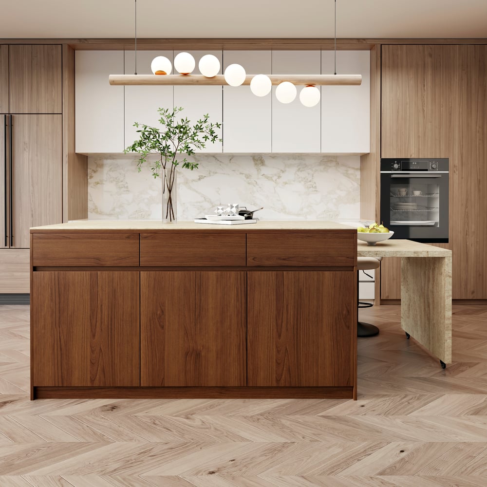 81''-106" Extendable Walnut Kitchen lsland with Doors&Drawers Marble Pattern Top window image