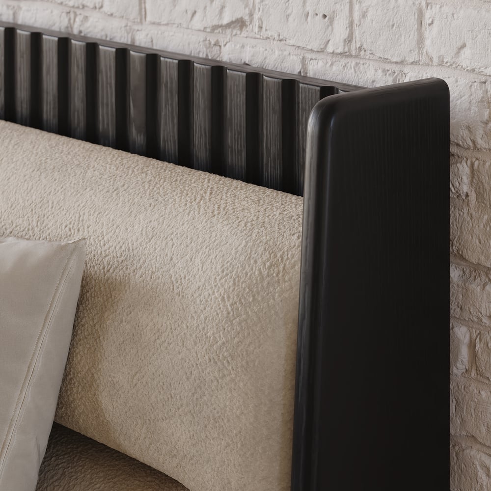 Modern Black Queen Size Solid Wood Bed with Boucle Headboard Pillows window image