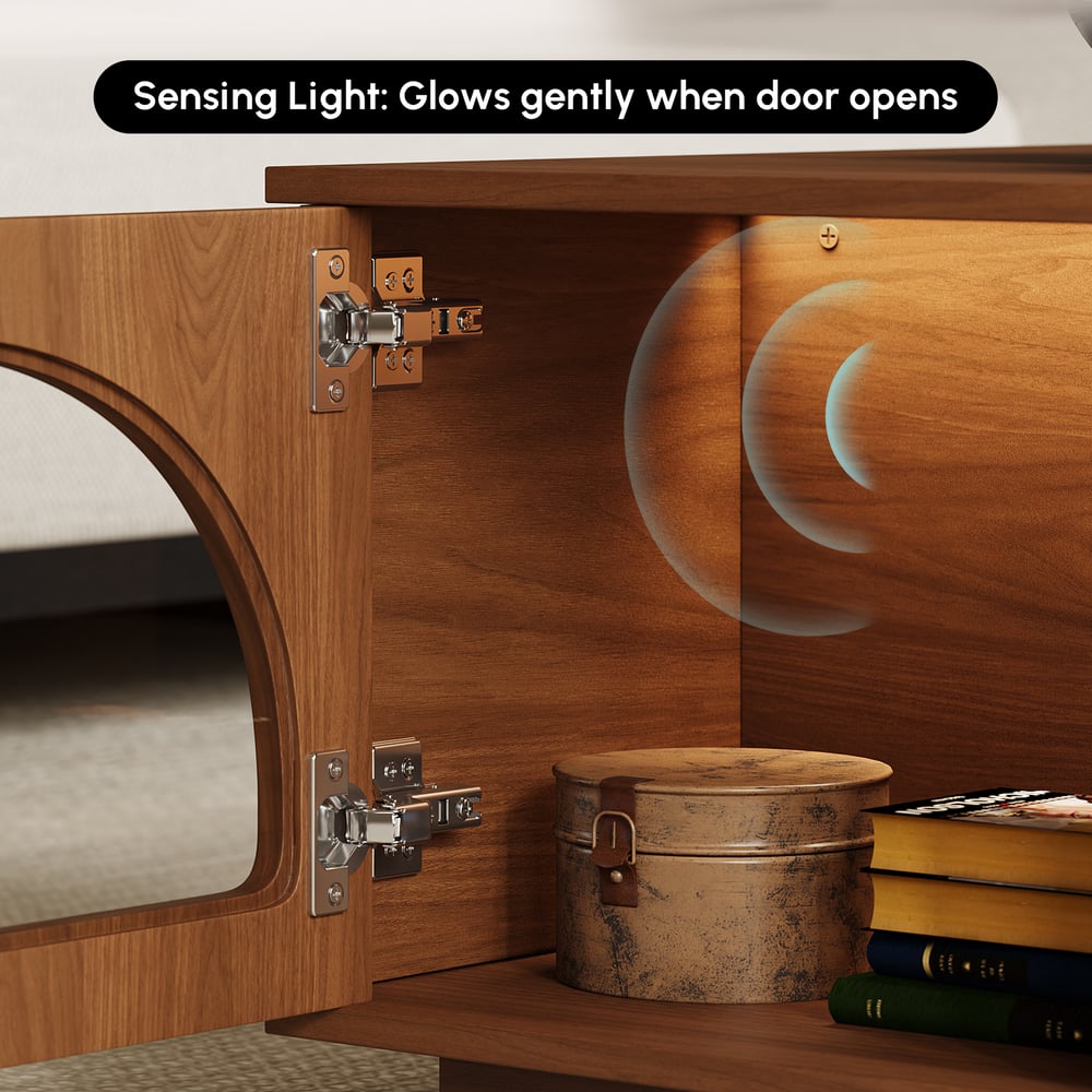 Konferenční stolek Arune 1200 mm s klenutými skleněnými dveřmi s úložným prostorem a LED obrázek okna