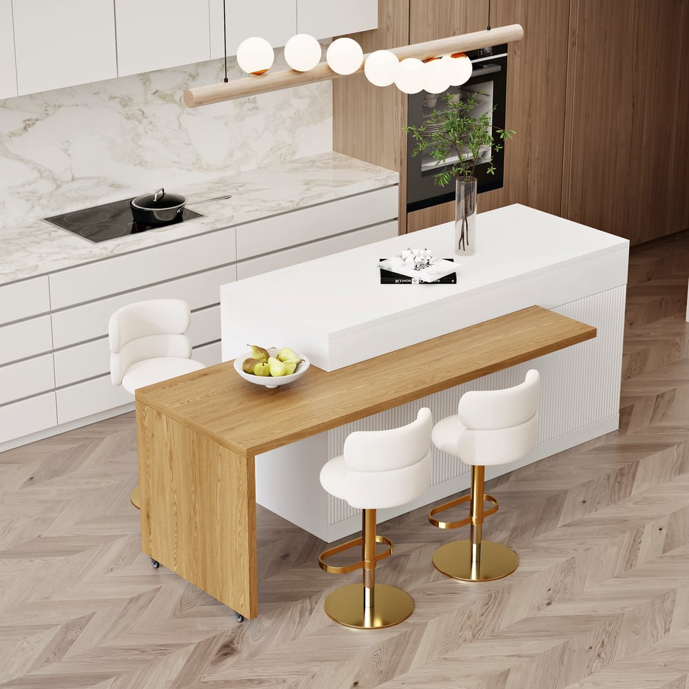 81''-106" Extendable Natural&White Kitchen lsland with Doors&Drawers Marble Pattern Top window image