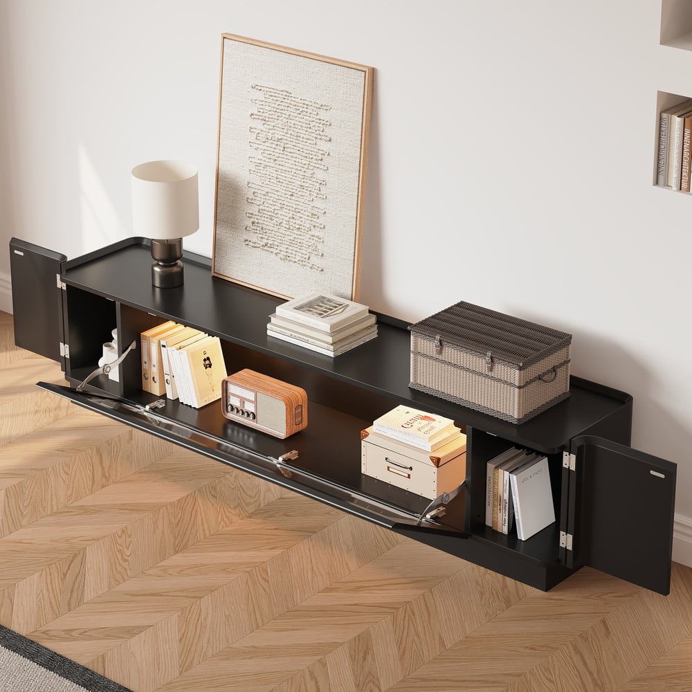 79" Black Glass Door TV Stand with Storage and LED window image