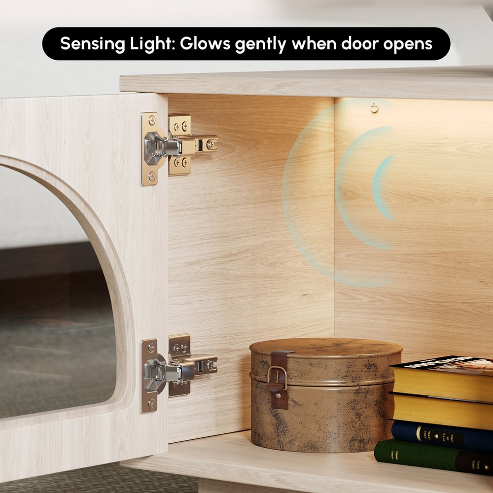 Arune 1200 mm salontafel met gebogen glazen deuren, opbergruimte en LED Vensterafbeelding