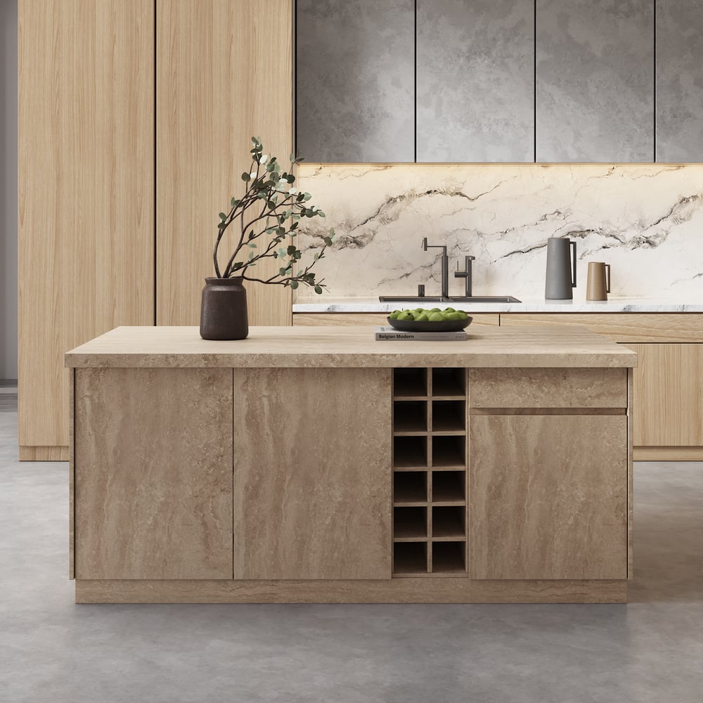 72" Japandi Style Wood Kitchen Island with Multi-Storage and LED Light Matte Travertine window image