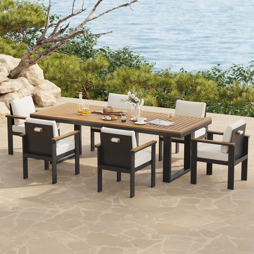 6 - Person Rectangle Wood & Aluminum Outdoor Patio Dining Table Outdoor 6 Dining Chairs window image