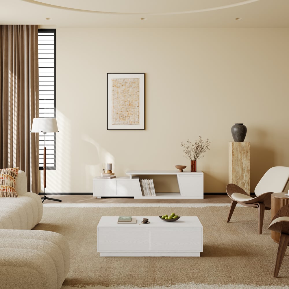 Fero White Extendable TV Stand with 3 Drawers(47"-71") window image