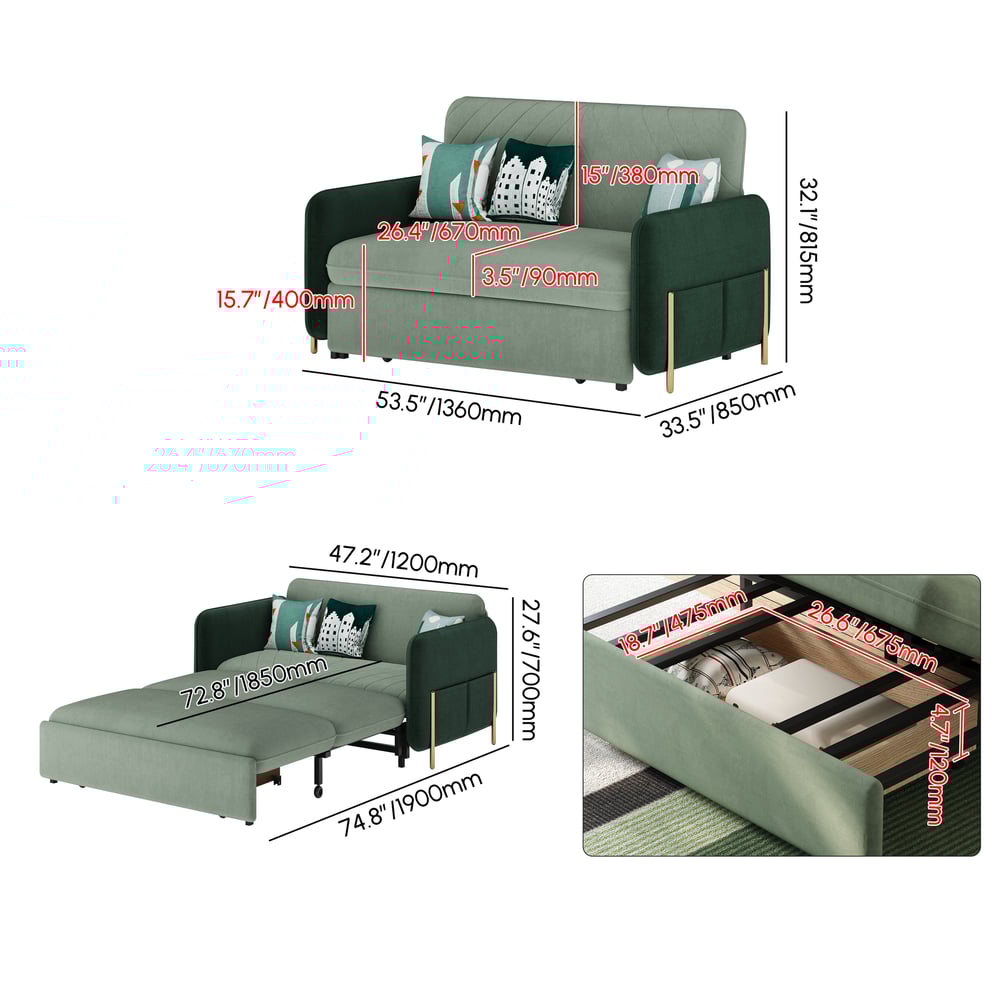 54" Full 2-Seater Velvet Convertible Sleeper Sofa weights dimensions image