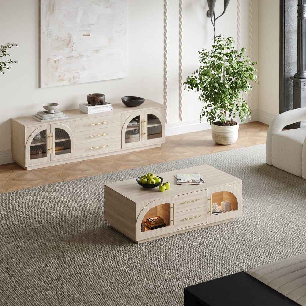 Arune 1200 mm salontafel met gebogen glazen deuren, opbergruimte en LED Vensterafbeelding