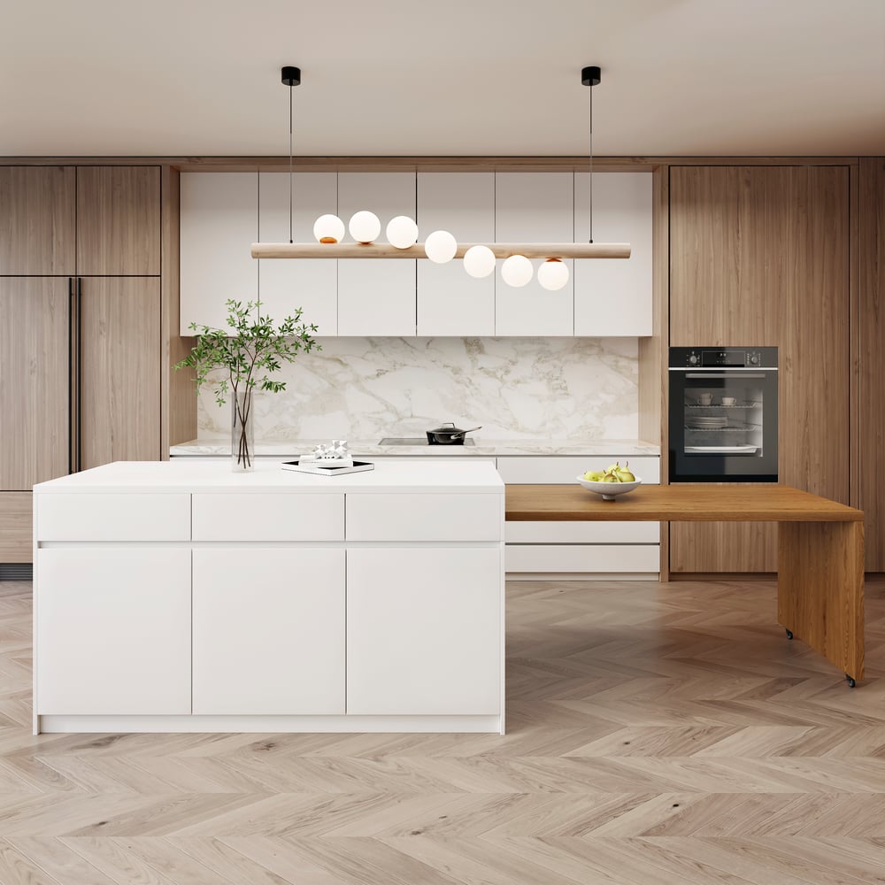 81''-106" Extendable Natural&White Kitchen lsland with Doors&Drawers Marble Pattern Top window image