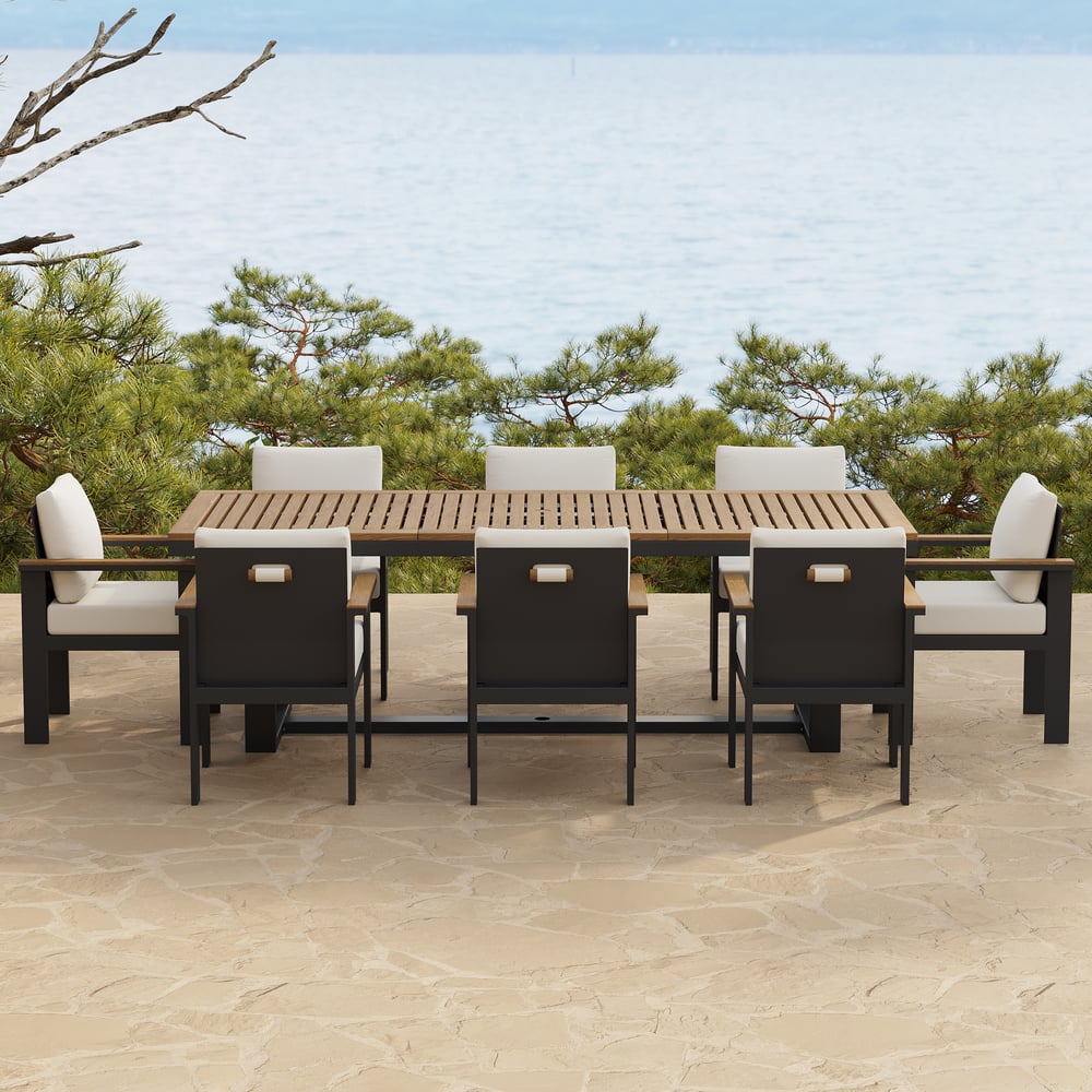 9 Pieces Rectangle Wood & Aluminum Outdoor Patio Dining Set for 8 Person window image