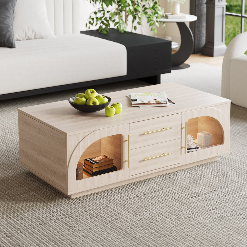 Arune 1200 mm salontafel met gebogen glazen deuren, opbergruimte en LED Vensterafbeelding