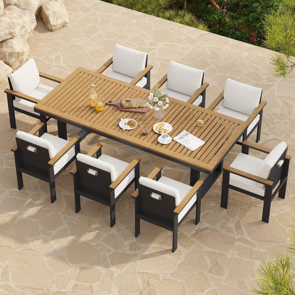 9 Pieces Rectangle Wood & Aluminum Outdoor Patio Dining Set for 8 Person window image