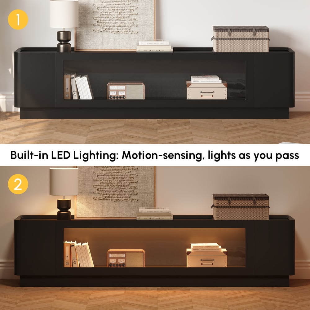 79" Black Glass Door TV Stand with Storage and LED window image