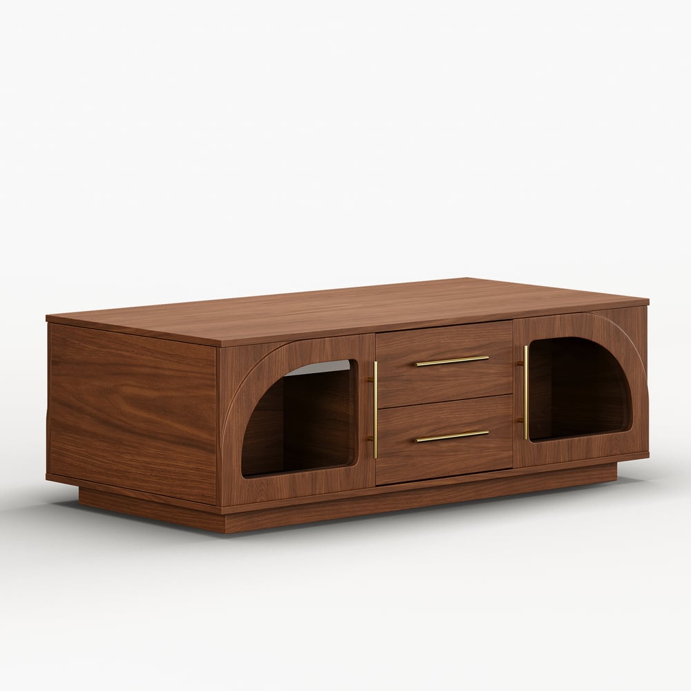 Konferenční stolek Arune 1200 mm s klenutými skleněnými dveřmi s úložným prostorem a LED obrázek okna