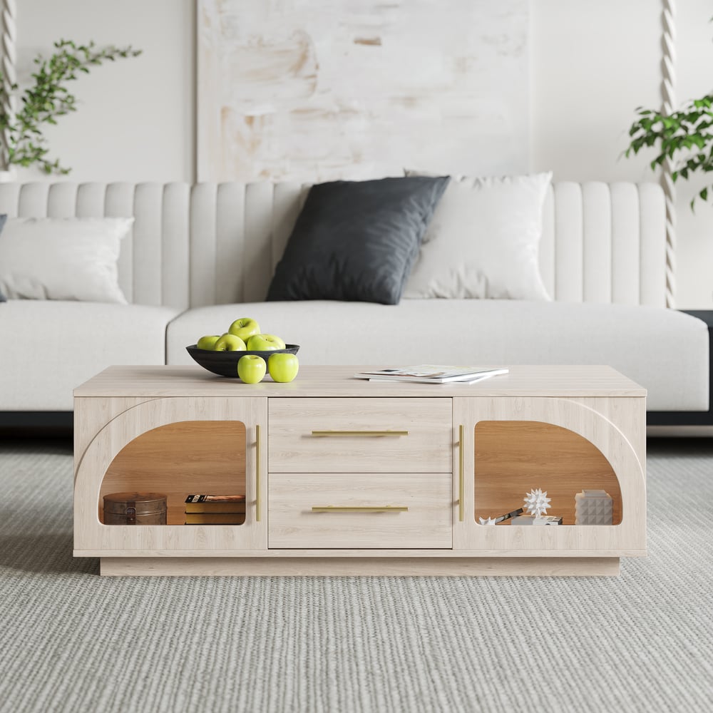 Arune 1200 mm salontafel met gebogen glazen deuren, opbergruimte en LED Vensterafbeelding