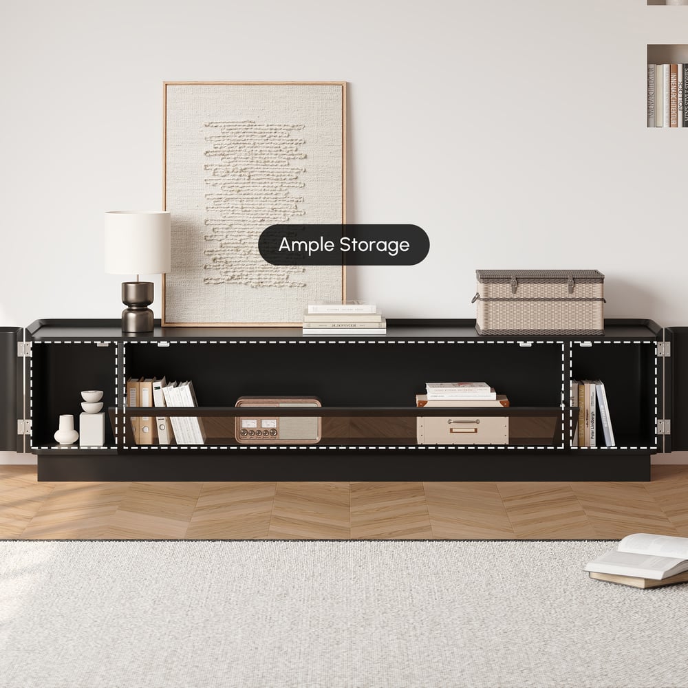 79" Black Glass Door TV Stand with Storage and LED window image