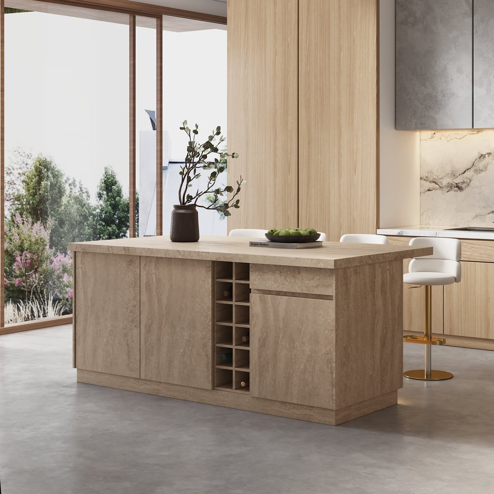 Island & Stool Set 72" Japandi Wood Kitchen Island with 2 Counter Stools window image