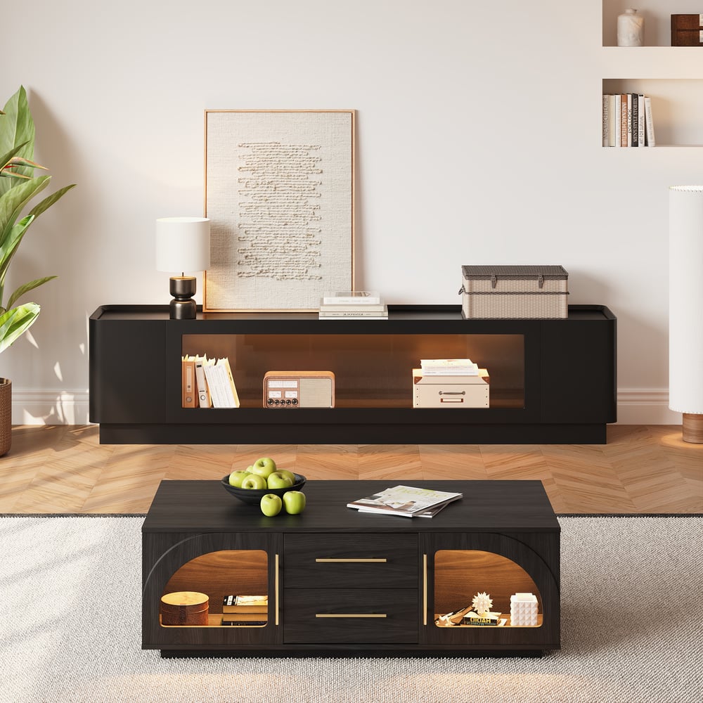 79" Black Glass Door TV Stand with Storage and LED window image