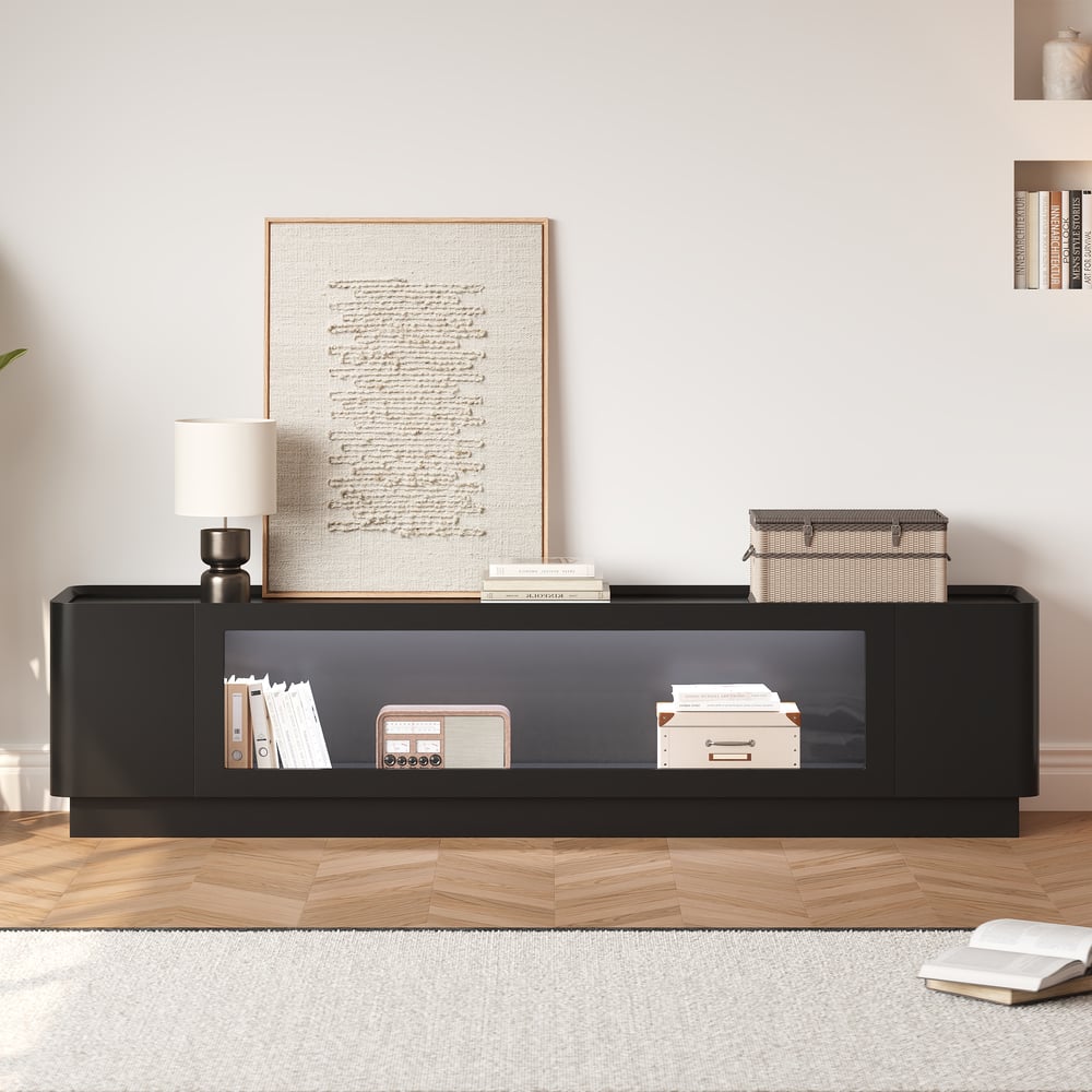 79" Black Glass Door TV Stand with Storage and LED window image