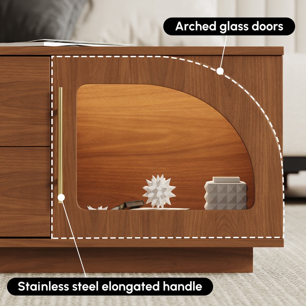 Konferenční stolek Arune 1200 mm s klenutými skleněnými dveřmi s úložným prostorem a LED obrázek okna