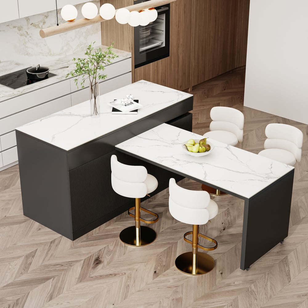 81''-106" Extendable Kitchen lsland with Doors&Drawers Black & White Sintered Stone Top window image